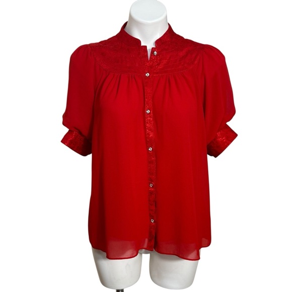 Moulinette Soeurs Anthropologie Red Short Sleeve Button Front Blouse size 2 - Picture 1 of 8